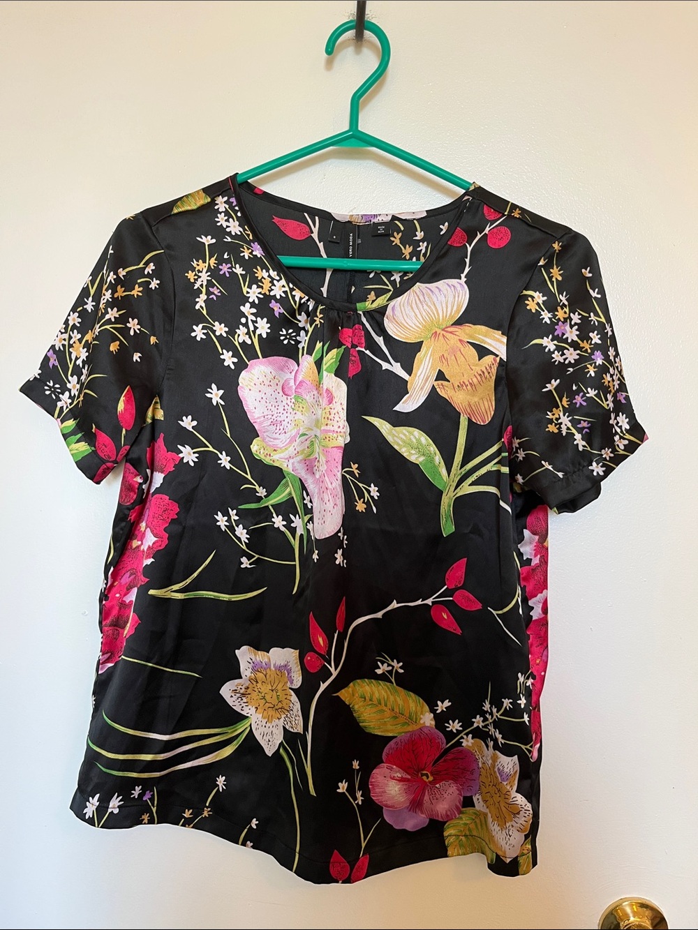Vero Moda Black Floral Short Sleeve Blouse with Pink & Green Accents, Small